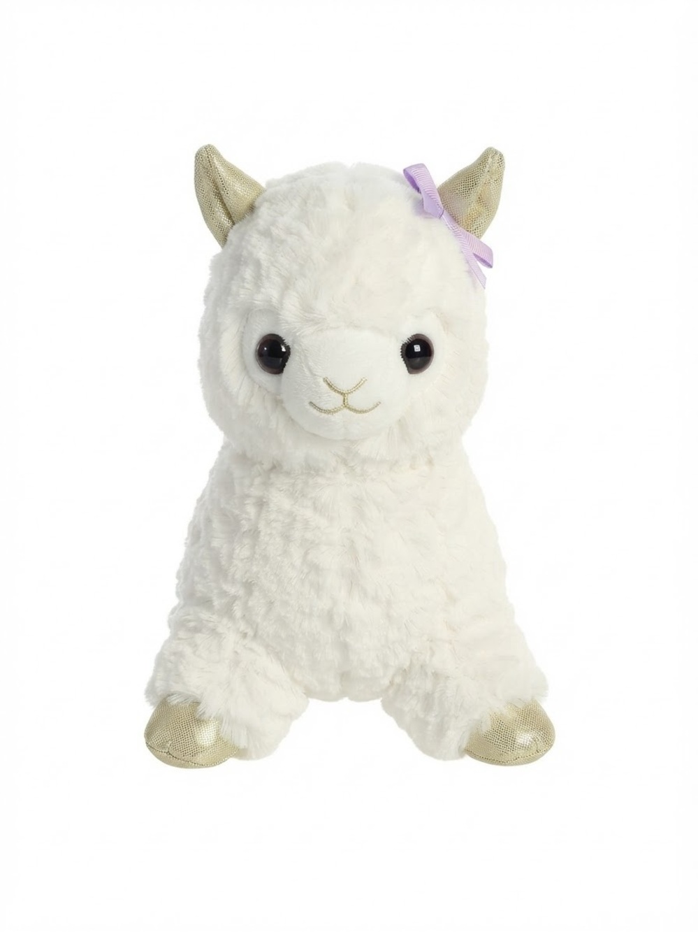 Plush White Llama with Gold Accents and Lavender Bow -